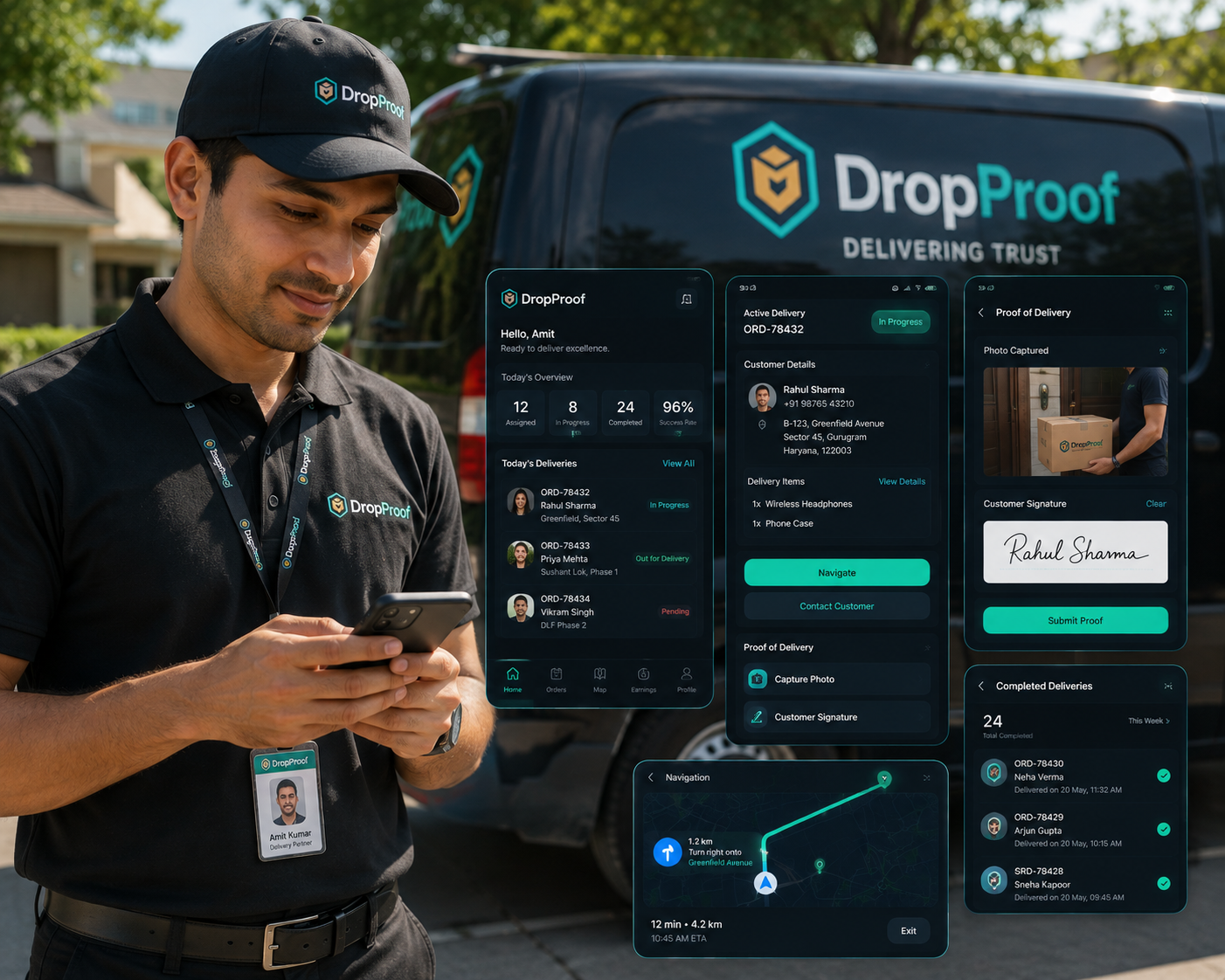 DropProof driver mobile app for assigned deliveries, navigation, COD, confirmation, and proof
